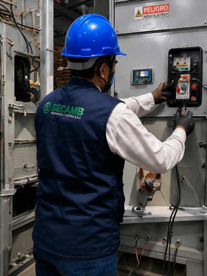 Técnico de SECAMB realizando mantenimiento y pruebas en un sistema eléctrico